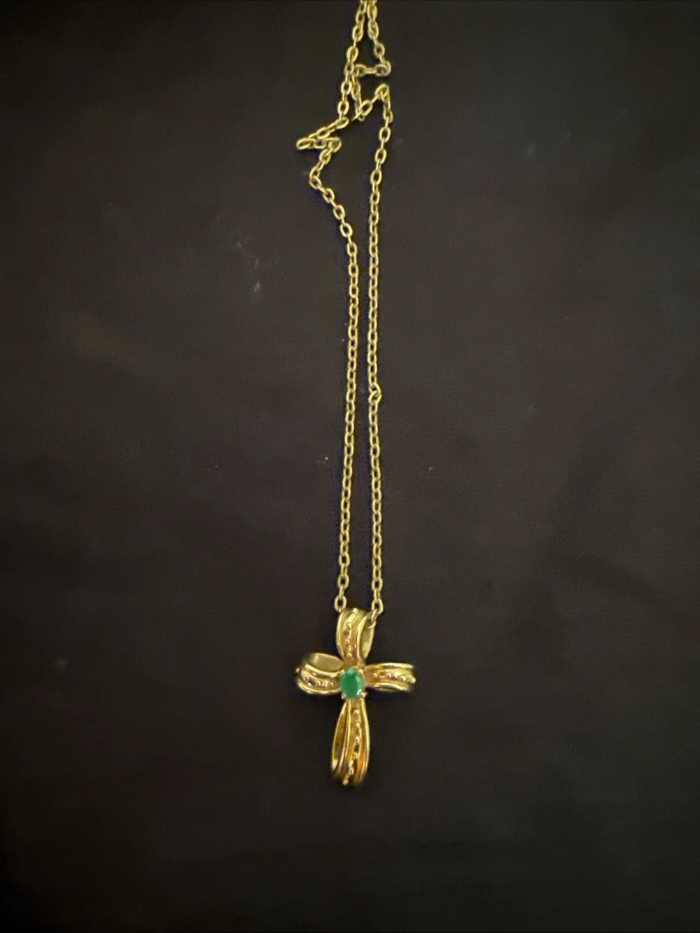 Vintage 10K Gold Emerald Ribbon Cross Necklace